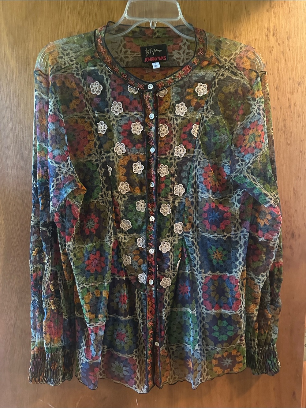 Johnny Was Multicolor Crochet Patchwork Blouse — Green, Blue, Red, Yellow
